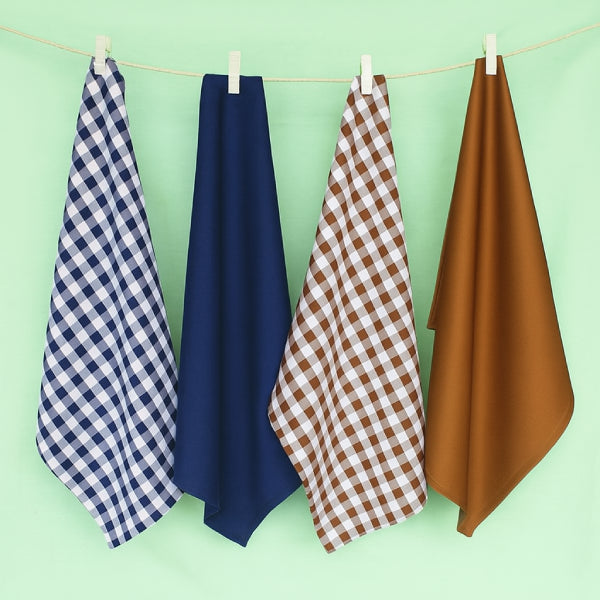 Cotton Gingham Check Blue and Brown Kitchen Towels Pack Of 4