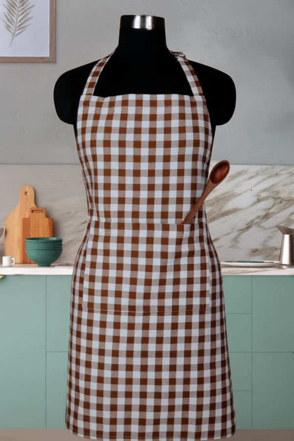 Cotton Gingham Check Brown Free Size Apron