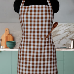 Cotton Gingham Check Brown Free Size Apron