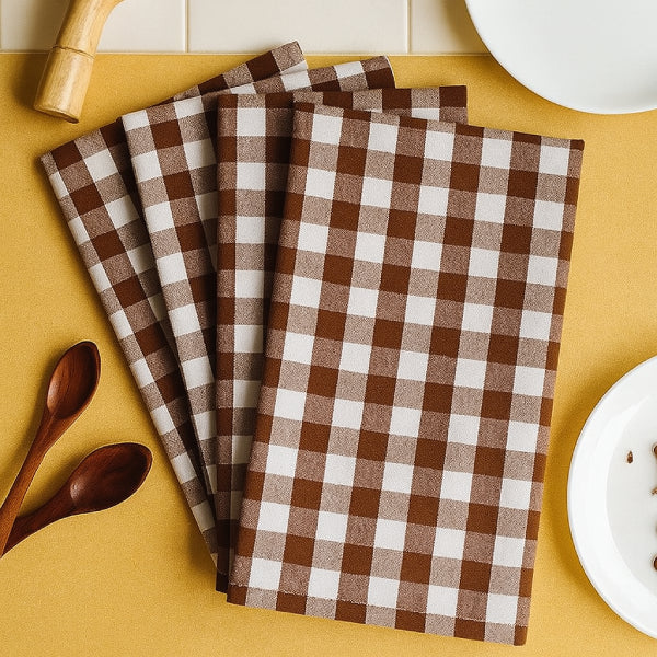 Cotton Gingham Check Brown Kitchen Towels Pack Of 4