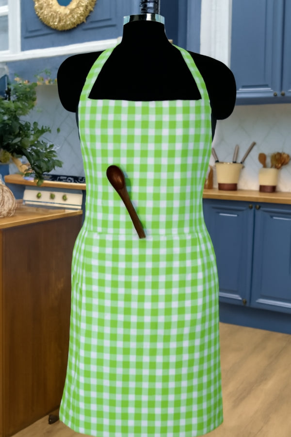 Cotton Gingham Check Green Free Size Apron