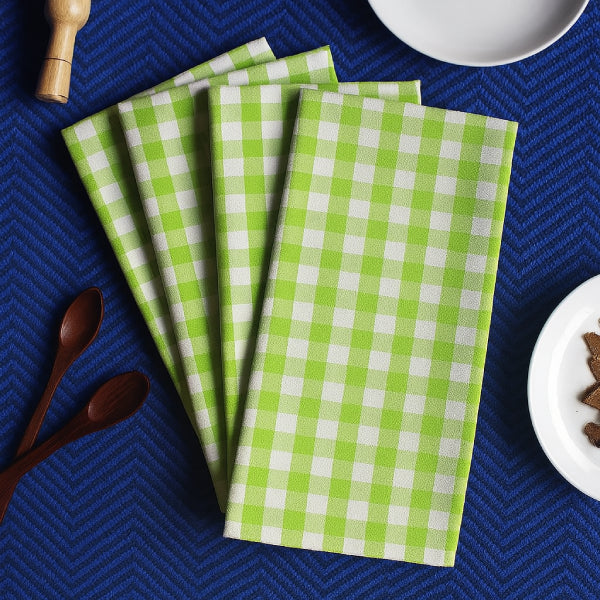 Cotton Gingham Check Green Kitchen Towels Pack Of 4