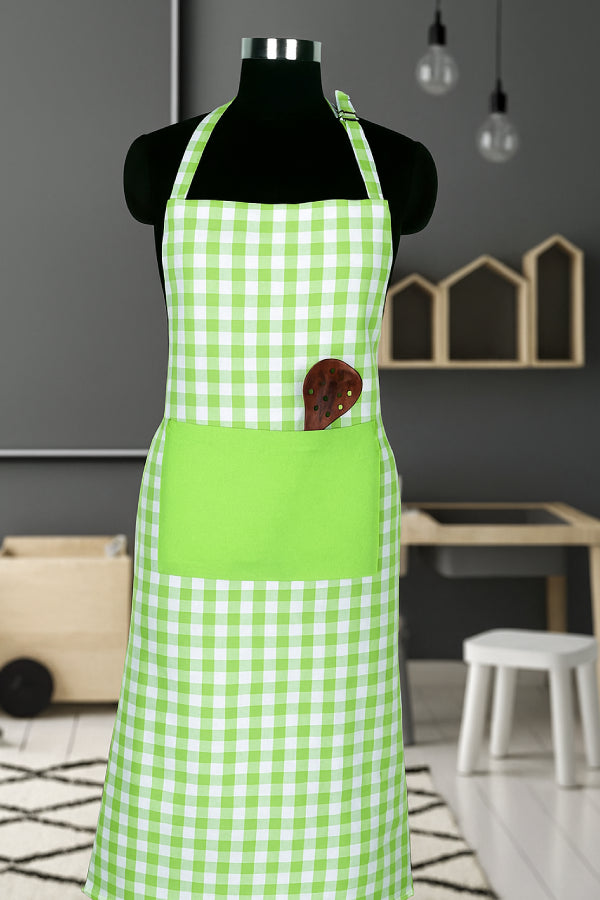 Cotton Gingham Check Green With Solid Pocket Free Size Apron