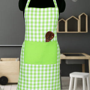 Cotton Gingham Check Green With Solid Pocket Free Size Apron