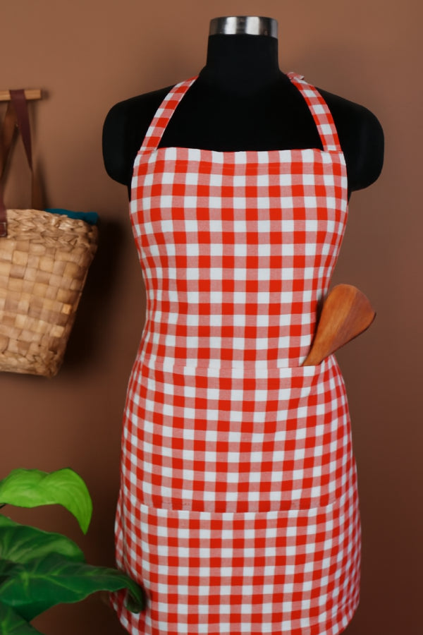 Cotton Gingham Check Orange Free Size Apron