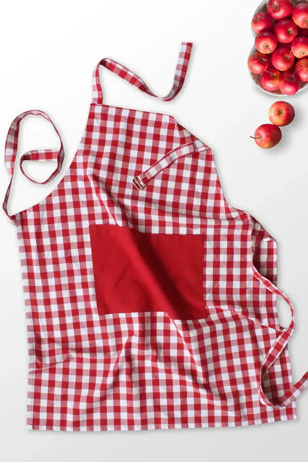 Cotton Gingham Check Red with Solid Pocket Free Size Apron