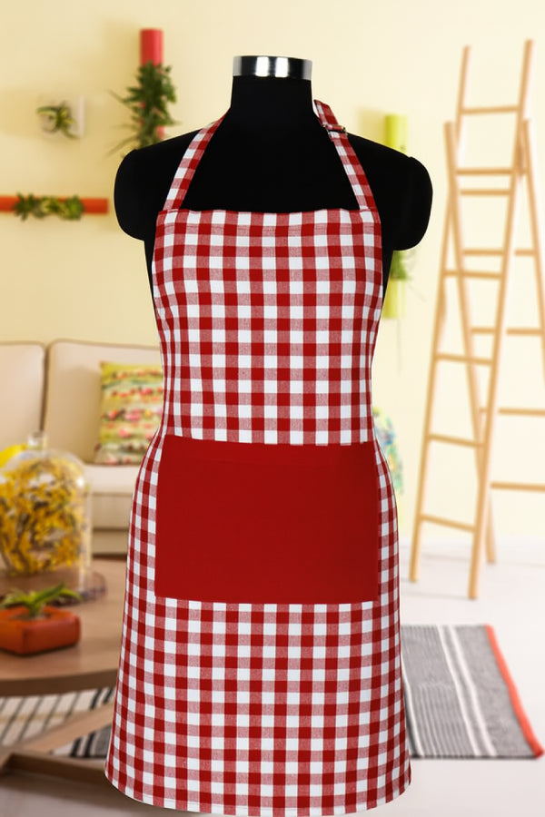 Cotton Gingham Check Red with Solid Pocket Free Size Apron