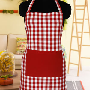 Cotton Gingham Check Red with Solid Pocket Free Size Apron