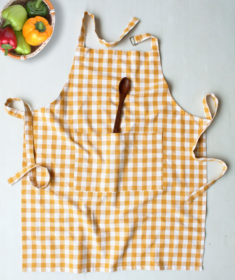 Cotton Gingham Check Yellow Free Size Apron