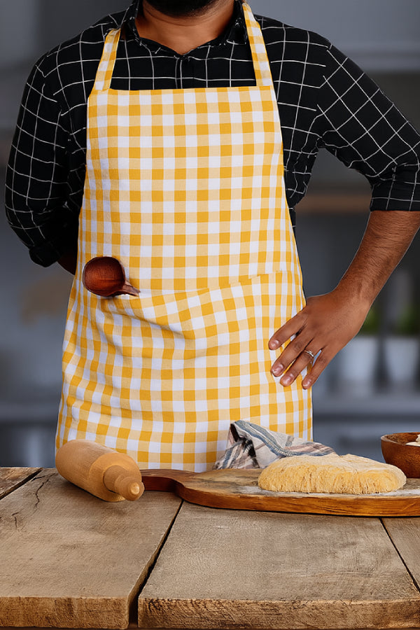Cotton Gingham Check Yellow With Solid Pocket Free Size Apron
