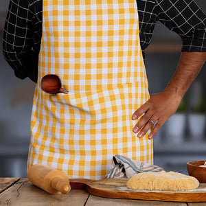 Cotton Gingham Check Yellow With Solid Pocket Free Size Apron