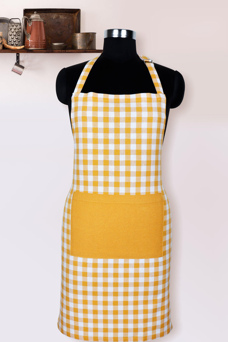 Cotton Gingham Check Yellow With Solid Pocket Free Size Apron
