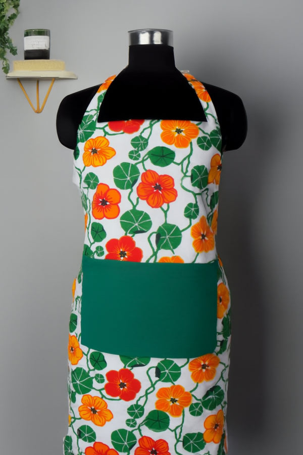 Cotton Green & Orange Flower with Green Solid Pocket Free Size Apron