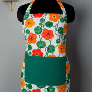 Cotton Green & Orange Flower with Green Solid Pocket Free Size Apron