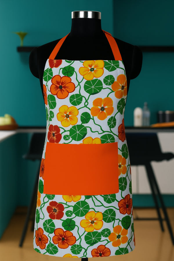 Cotton Green and Orange Flower With Yellow Solid Pocket Free Size Apron