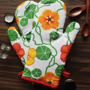 Cotton Green and Orange Flower With Red Piping Oven Gloves Pack Of 2
