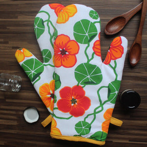 Cotton Green and Orange Flower With Yellow Piping Oven Gloves Pack Of 2