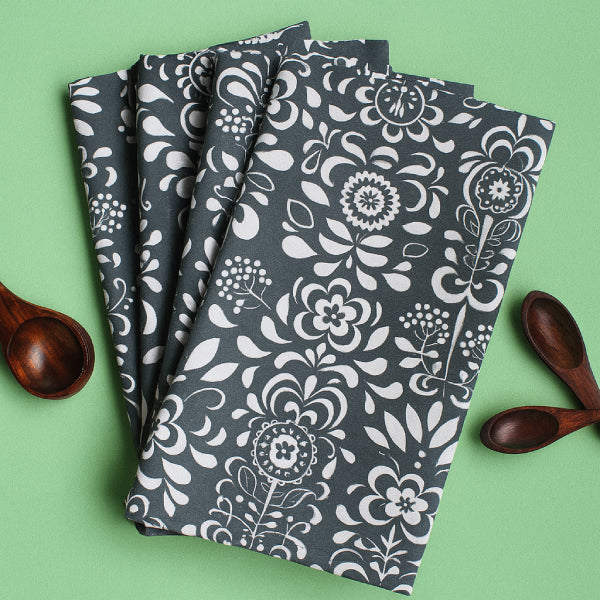 Cotton Grey Damask Kitchen Towels Pack Of 4