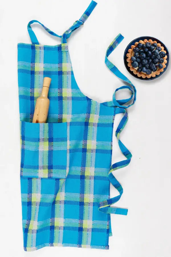 Cotton Iran Check Blue Free Size Apron