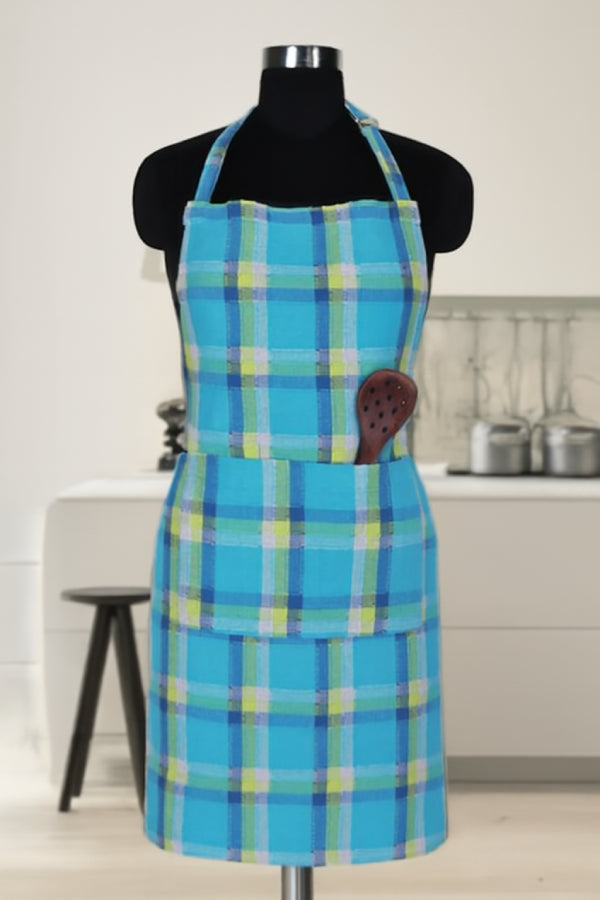 Cotton Iran Check Blue Free Size Apron