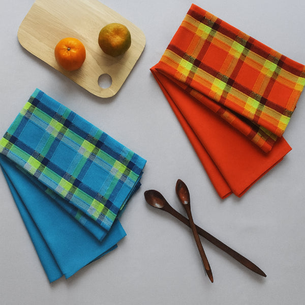 Cotton Iran Check Blue and Orange Kitchen Towels Pack Of 4