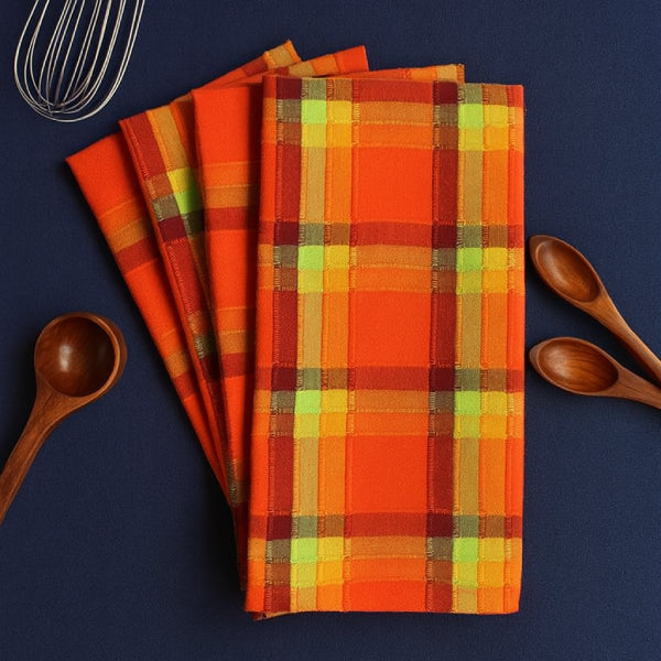 Cotton Iran Check Orange Kitchen Towels Pack Of 4
