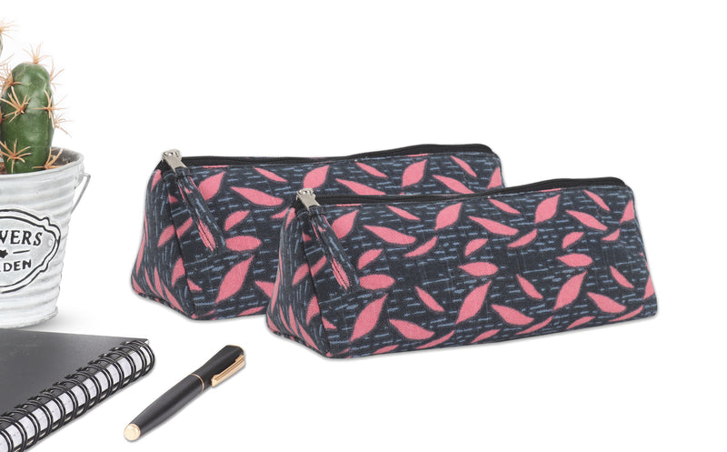 Cotton Blue Pink Leaf Pencil Pouches - Pack of 2 pcs