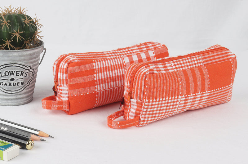 Cotton Orange Checked Pencil Pouches Pack of 2