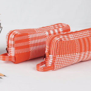 Cotton Orange Checked Pencil Pouches Pack of 2
