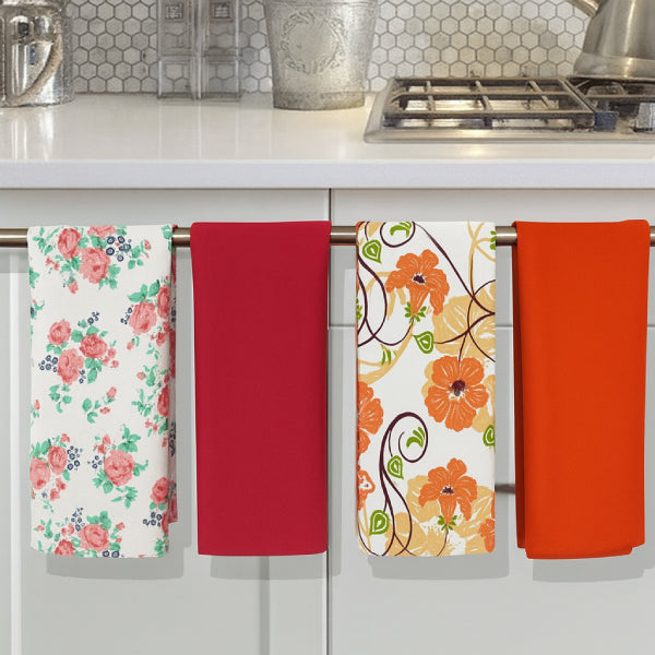 Cotton Pink and Orange Flower Kitchen Towels Pack Of 4