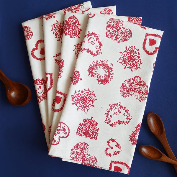 Cotton Red Heart Kitchen Towels Pack Of 4