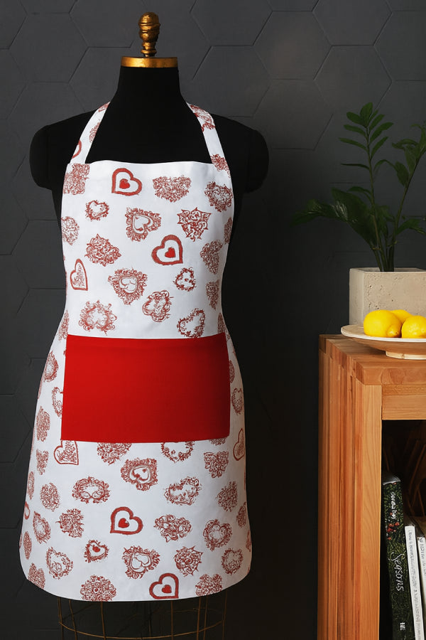 Cotton Red Heart With Solid Pocket Free Size Apron