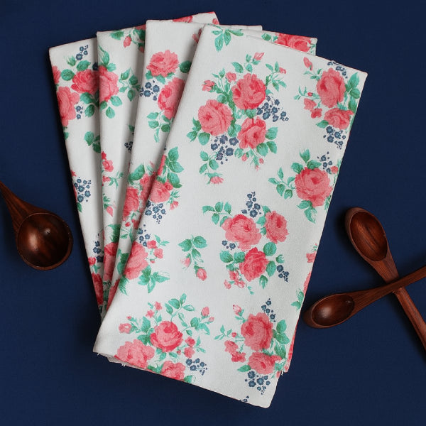 Cotton Small Pink Rose Kitchen Towels Pack Of 4