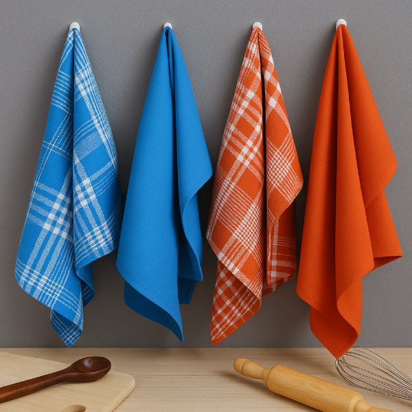Cotton Track Dobby Blue and Orange Kitchen Towels Pack Of 4