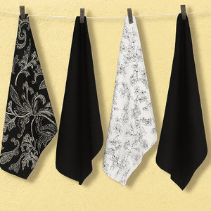 Cotton White and Black Flower Kitchen Towels Pack Of 4 freeshipping - Airwill