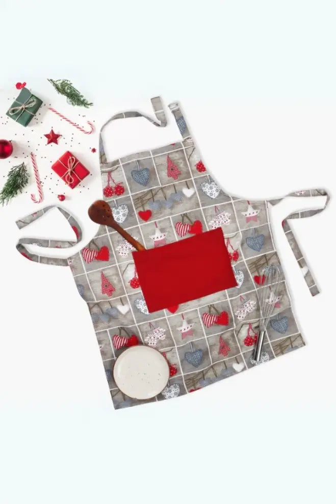 Cotton Xmas Heart With Solid Pocket Free Size Apron