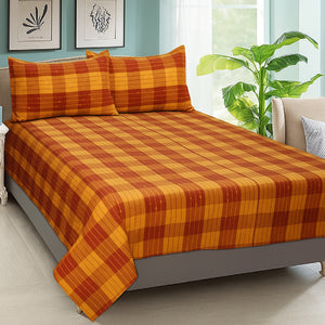 Cotton Designer Dobby Checkered Bedsheet with Pillow Covers (Maroon, Yellow)