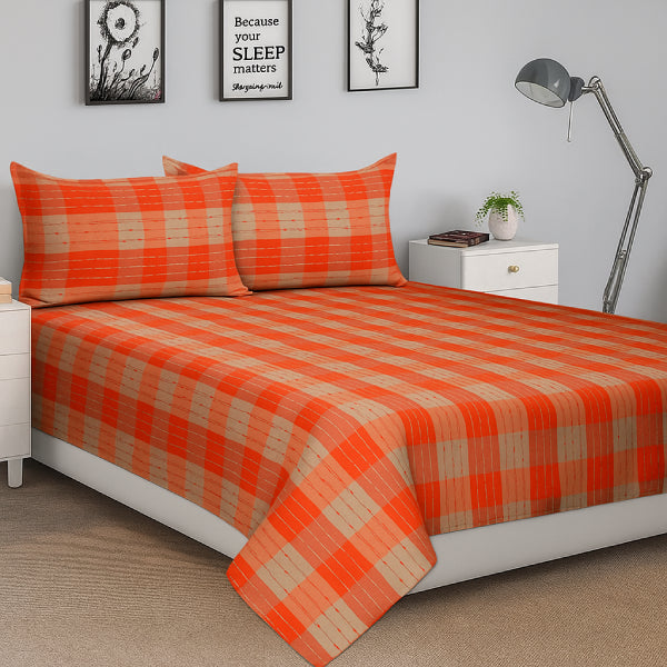 Cotton Designer Dobby Checkered Bedsheet with Pillow Covers (Orange, Beige)