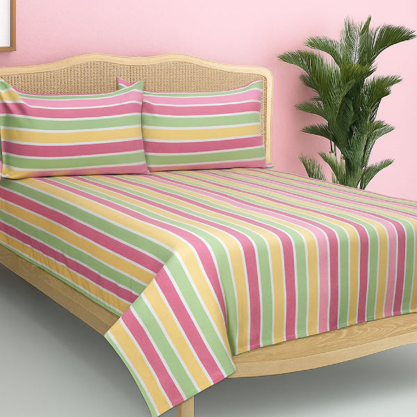Cotton Designer Striped Bedsheet with Pillow Covers (Pink, Yellow, Green)