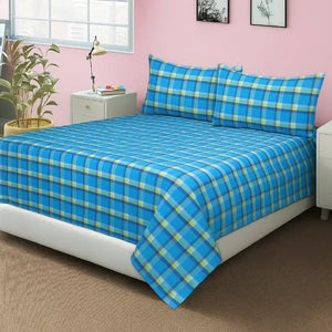 Cotton Dobby Checkered Bedsheet with Pillow Covers (Blue)