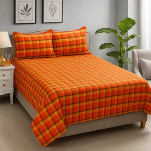 Cotton Dobby Checkered Bedsheet with Pillow Covers (Orange)