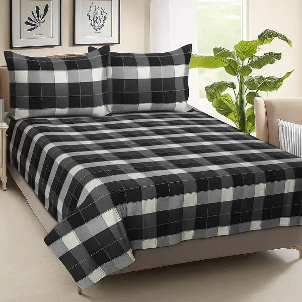 Cotton Double Checkered Bedsheet with 2 Pillow Covers (Pack of 3, Black)