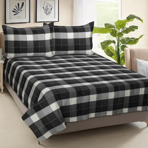 Cotton Double Checkered Bedsheet with 2 Pillow Covers (Pack of 3, Black)