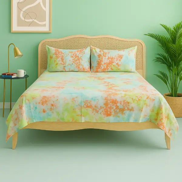 Cotton Holi Designs Orange Double Bedsheet With 2 Pillow Covers Pack Of 3