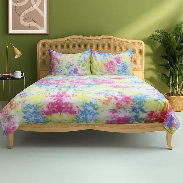 Cotton Holi Designs Yellow Double Bedsheet With 2 Pillow Covers Pack Of 3