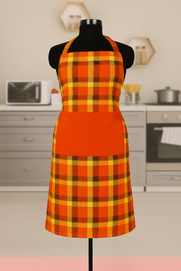 Cotton Iran Check Orange With Solid Pocket Free Size Apron