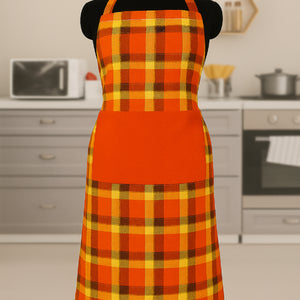 Cotton Iran Check Orange With Solid Pocket Free Size Apron