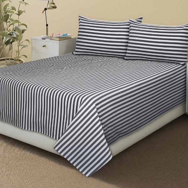 Cotton Striped Bedsheet with Pillow Covers (Black)