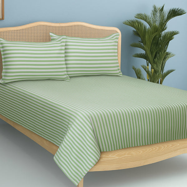 Cotton Striped Bedsheet with Pillow Covers (Green)