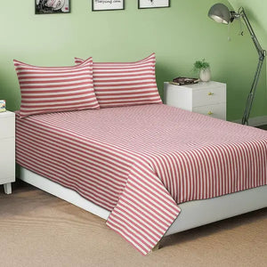 Cotton Striped Bedsheet with Pillow Covers (Red)